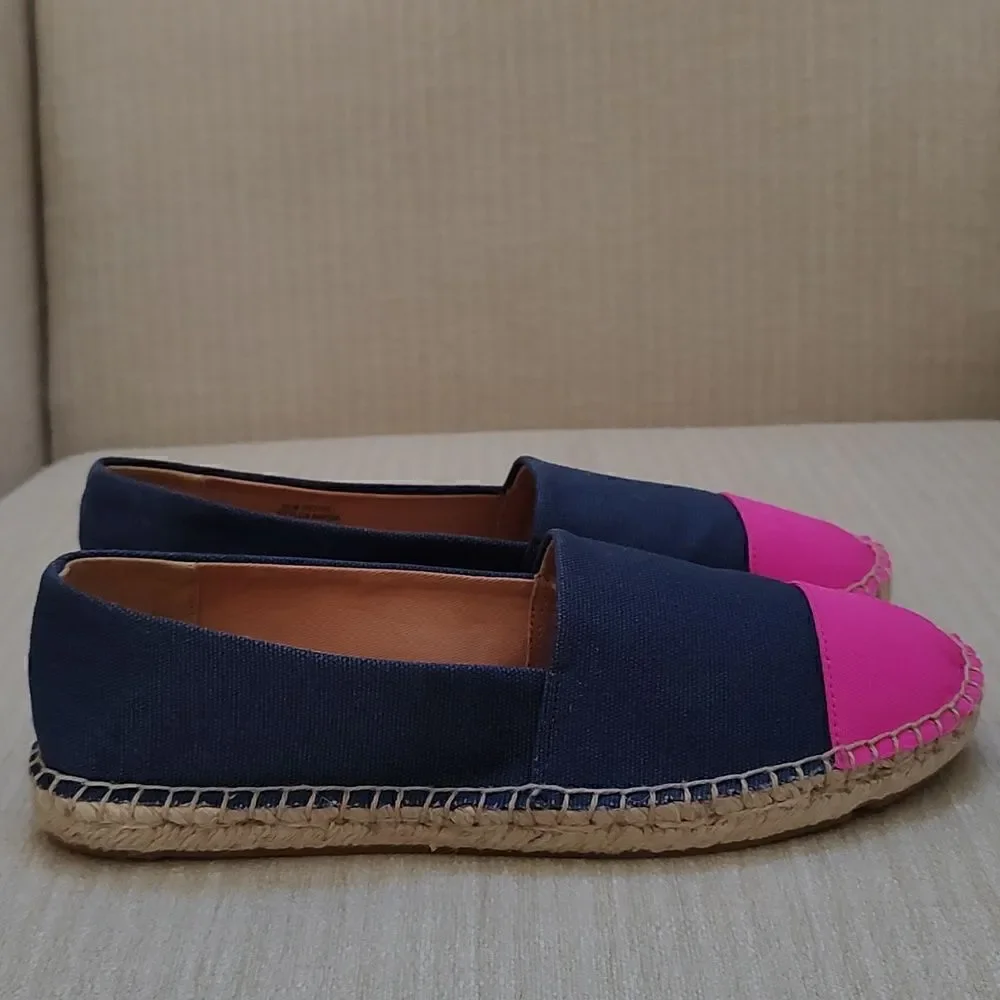 J. Crew Navy Blue Canvas Slip On Espadrilles Flats with Pink Cap Toe Size 6